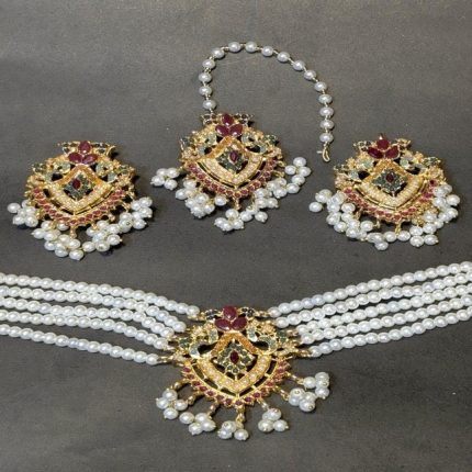 Premium Pearl Choker Set with Earrings & Maang Tikka